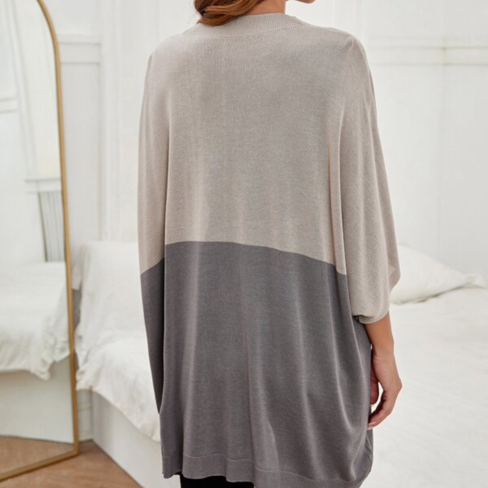 Cozy tan Color Block Oversized V neck Sweater Top - Picture 5 of 5